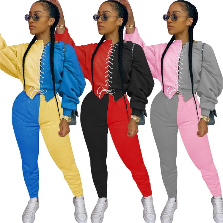 

Casual 2 PCS Outfit Patchwork Contrast Color Long Sleeve Sweatshirt Pants Autumn Winter Women Two Piece Set, Picture
