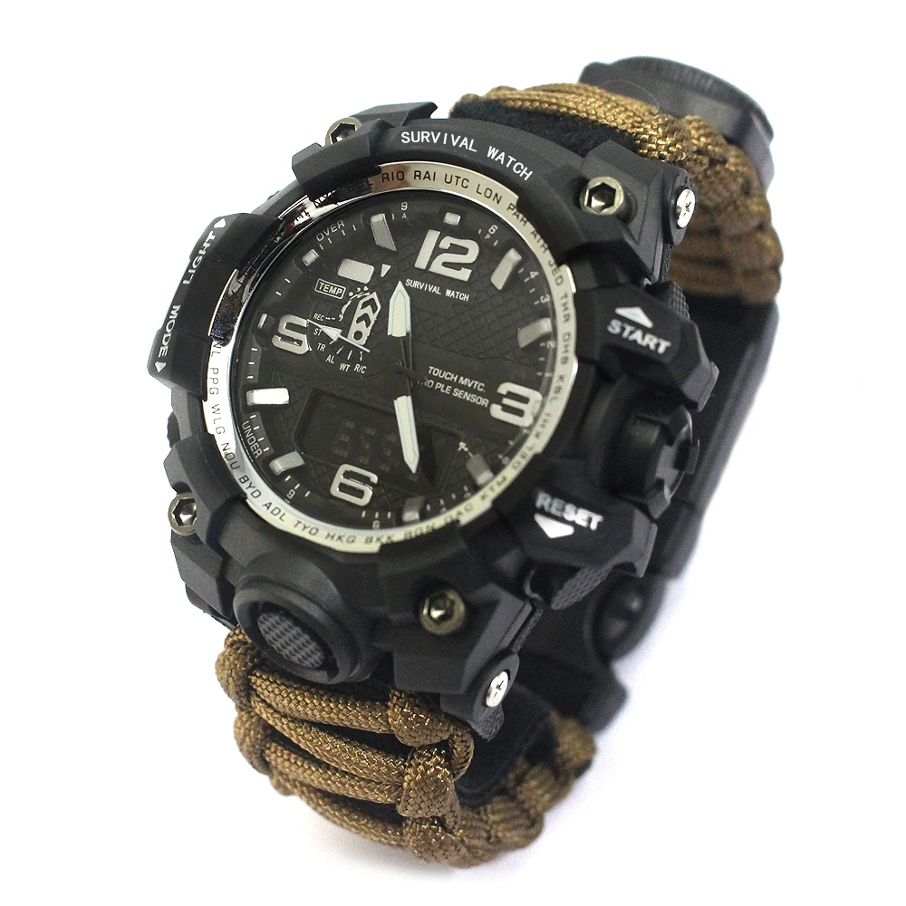 

Multi functional Compass Fire Starter Rechargeable survival paracord outdoor emergency watch, 8 colors