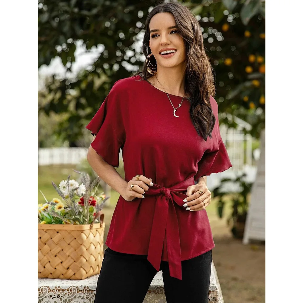 

Women's Split Half Sleeve Zipper Belted Knot Drap Casual Slim Fit Blouse Top