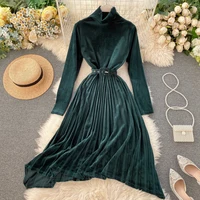 

French style autumn winter women fashion velvet maxi dress