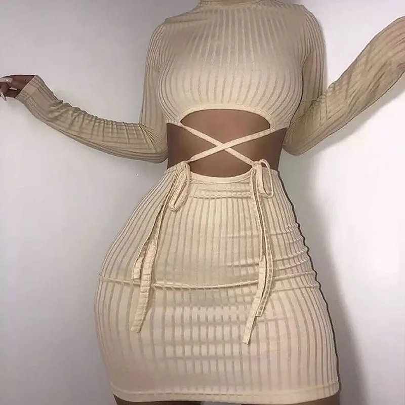 

2020 New arrivals women sexy long sleeve bow top bra and skirt two piece sets women ladies clothing