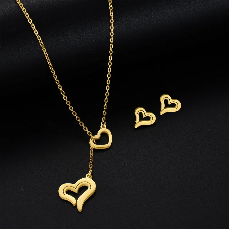 

18K Gold Plating Stainless Steel Heart Pendant Necklace Earrings Sets Heart Charm Necklace Jewelry Sets For Women, As is or customized