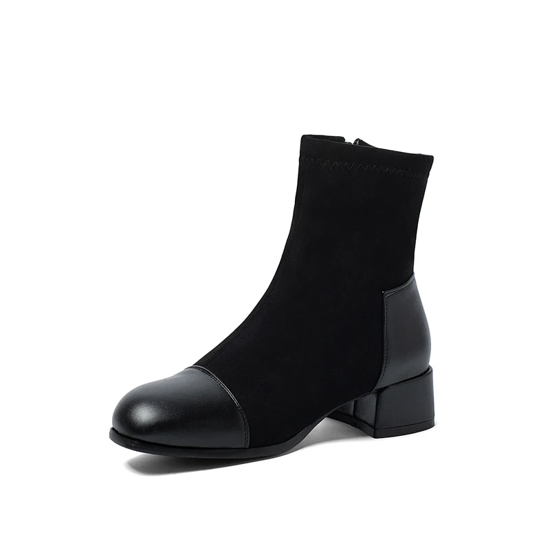 

winter Suede leather splicing round head for leisure Thick-heeled women's boots