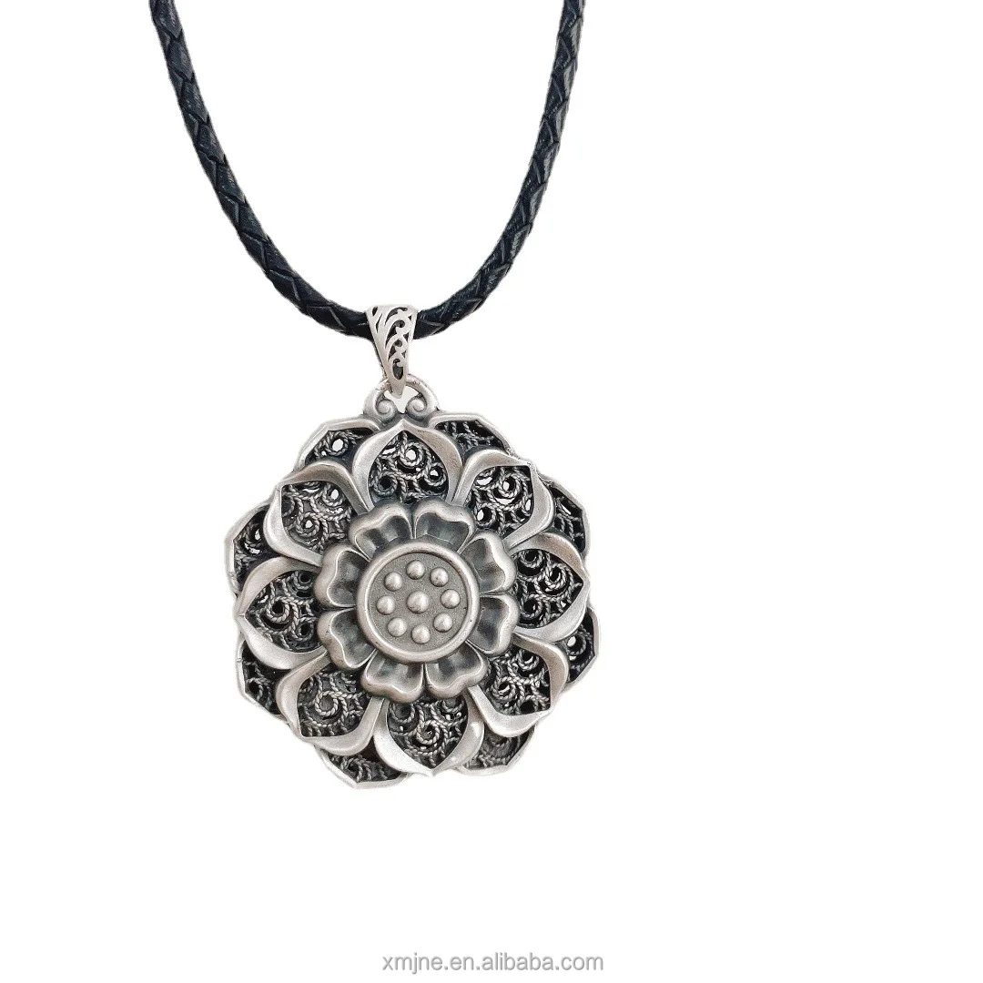 

Certified 999 Vintage Sterling Silver Tibetan Ethnic Style Silk Series Pendant Lotus Vajra Hollow Out Sweater Pendant