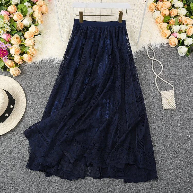 

wholesales lace a-line skirts for adults women skirt long maxi white black Navy beige high elastic waist quality