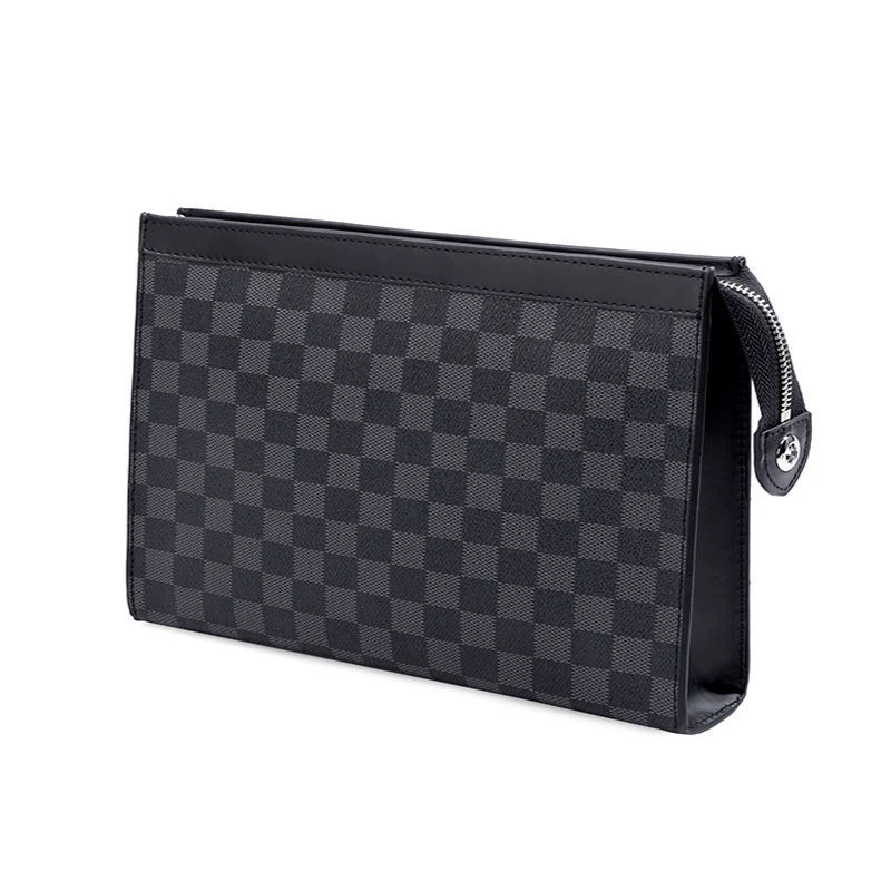 

Luxury Business Checkerboard Brand PVC Leather Document Handbags Zipper Envelope Purse Mens Clutch Bags