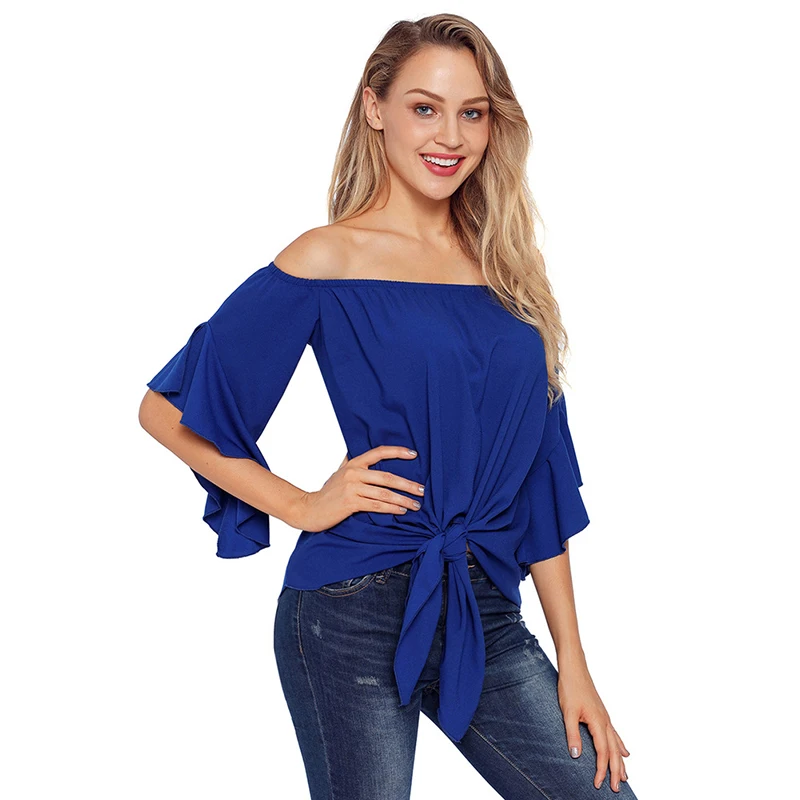 

Wholesale women fashion off the shoulder solid color loose ladies clothing casual flare sleeve tops, 5 colors