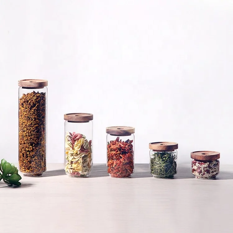 

Wholesale 90mm diameter high borosilicate glass jar with acacia lid, Clear