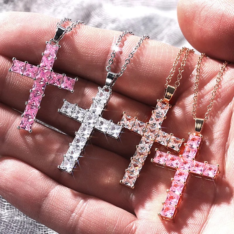 

Iced Out Crystal Cross Necklace for Women Shining Religious White Gold Plated Pink Diamond Rhinestone Cross Pendant Necklace