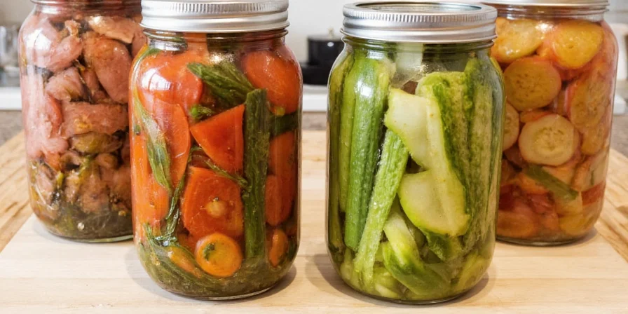 Colorful pickled jars on a shelf