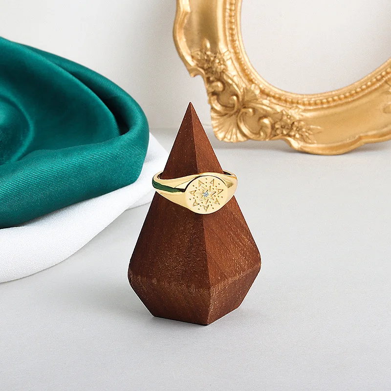 

S925 Stamp Creative Design Thick Compass Open Ring 18K Real Gold Plated Zircon Adjustable Round Sunflower Rings For Woman
