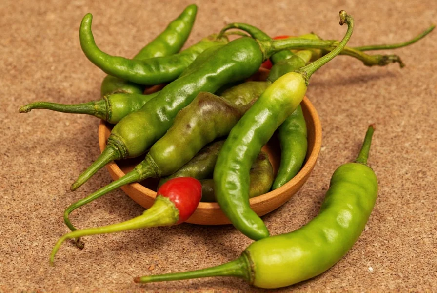 Fresh green chiles de arbol next to dried red ones
