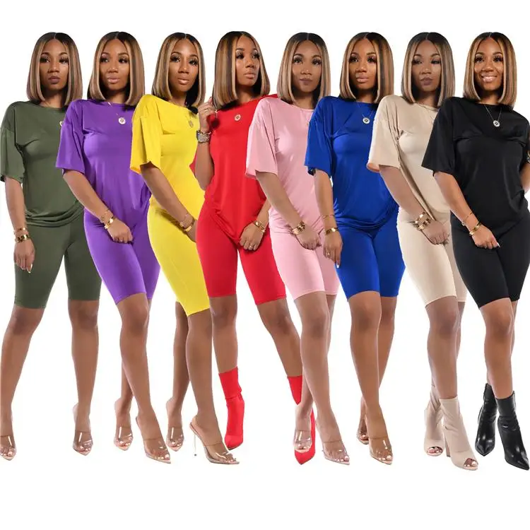 

2021 Summer O Neck Loose Short Sleeve Women Shirts Shorts Set Two Piece, Customized color