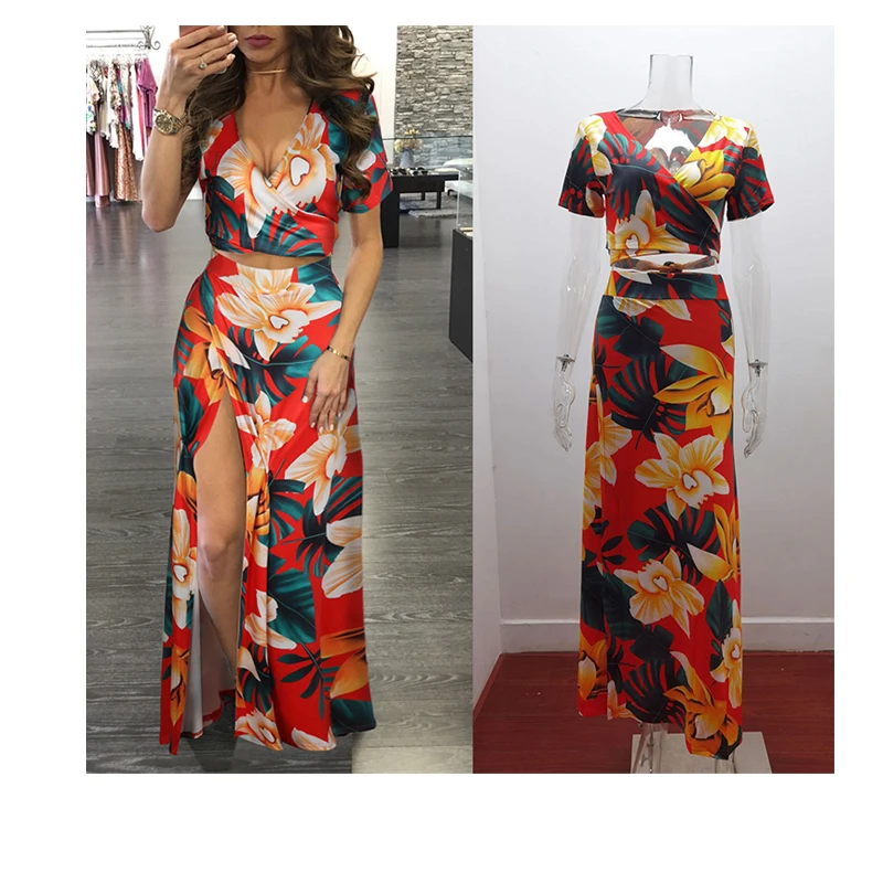

2021 Amazon cross-border new V-neck split digital printed floral casual dress two-piece suit, 14
