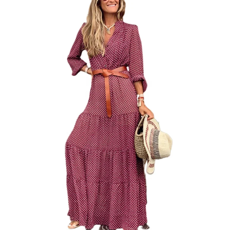 long bohemian dress of girdle for women long sleeve dress buttons for fall clothing for women in 2019