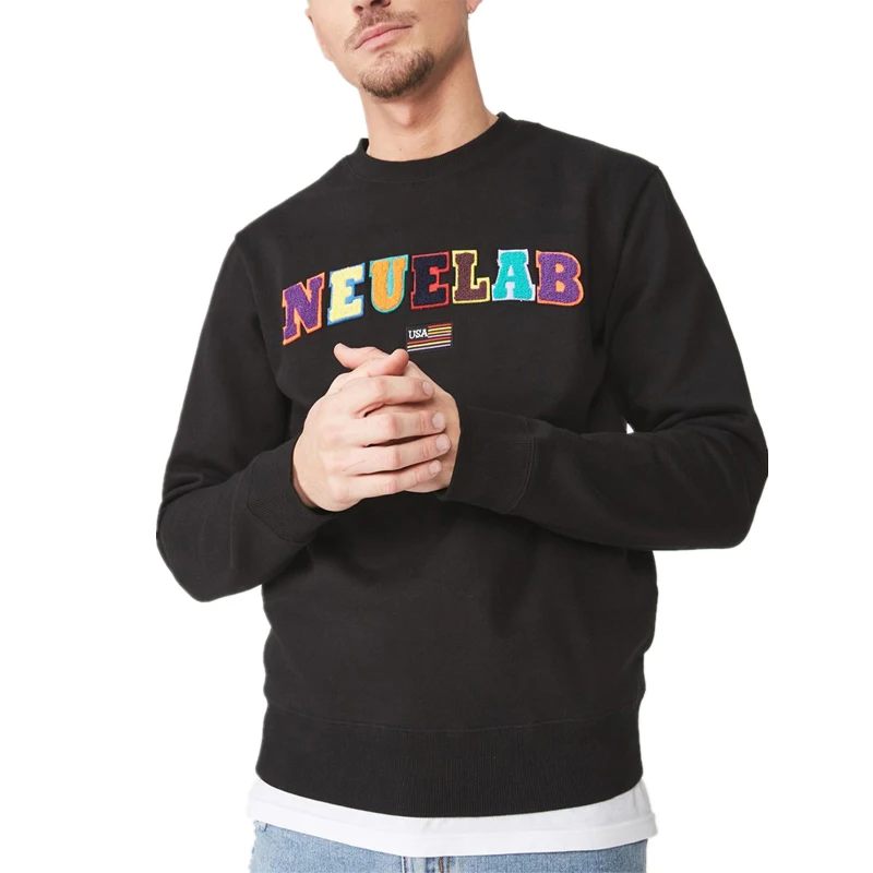 

MGOO Patched Fitted Pullover Colorful Chenille Patch Cotton Fleece men crewneck sweatshirt without hood