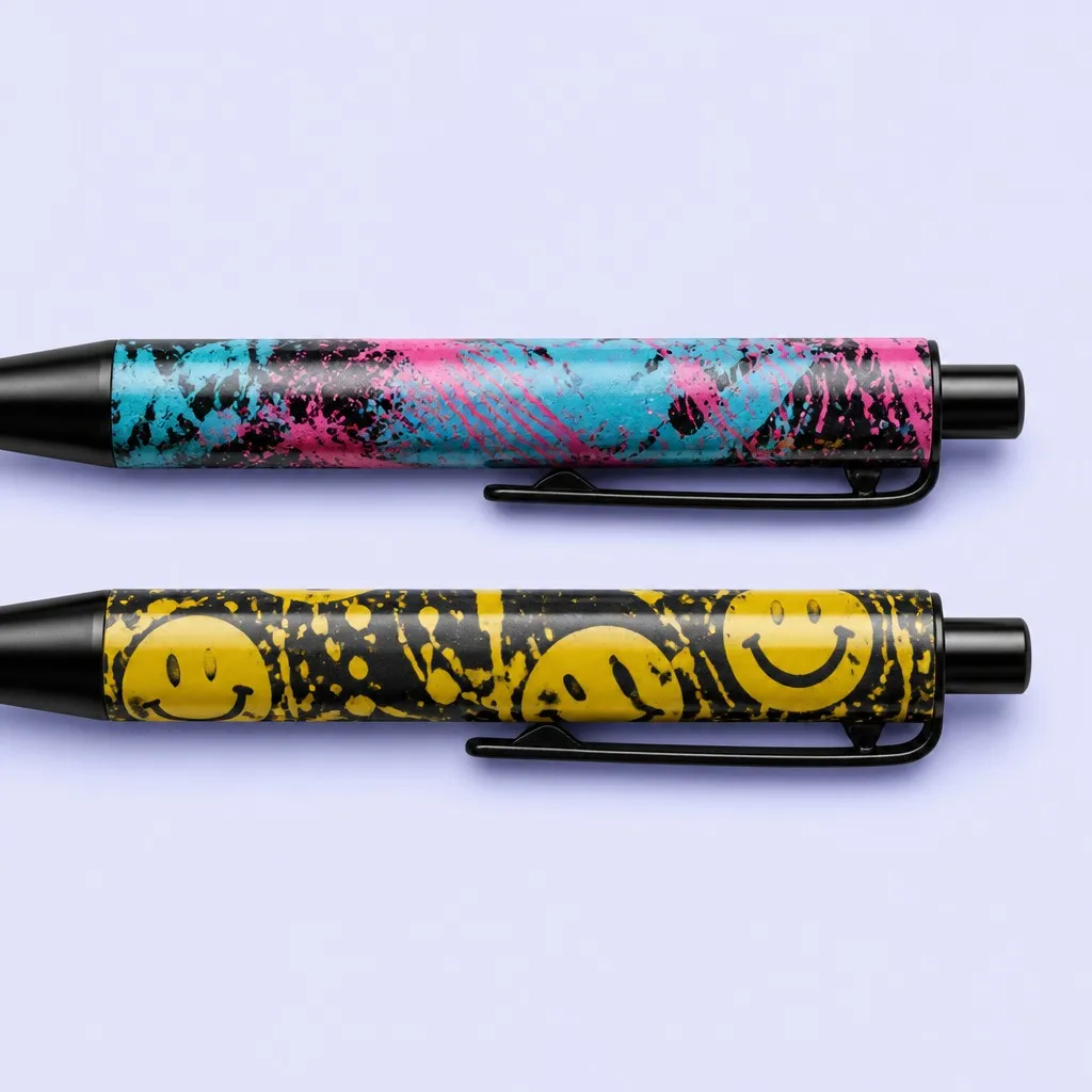 Ballpoint pens with playful high-energy barrel designs