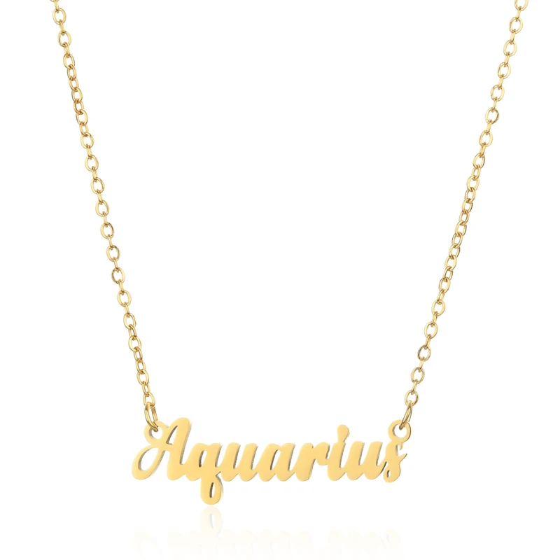 

Latest 18K Gold Plated Stainless Steel 12 Zodiac Sign Astrology Necklace Old English Letter Horoscope Pendant Necklace for Women