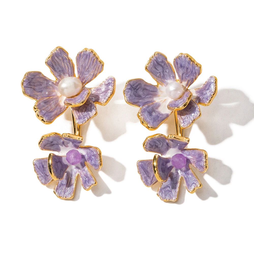 

Vintage 18K Gold Plated Brass Earrings Double Purple Flower Fresh Water Pearl Drop Earrings For Women