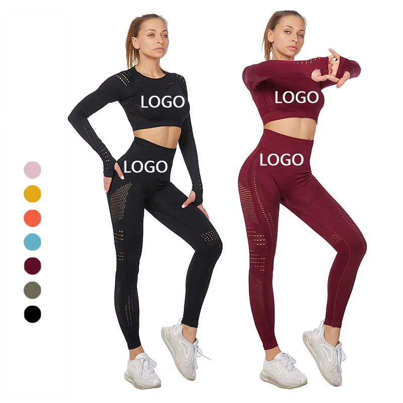 

Gym set workout clothes women flawless knit long sleeve compression crop top seamless leggings yoga 2 piece set