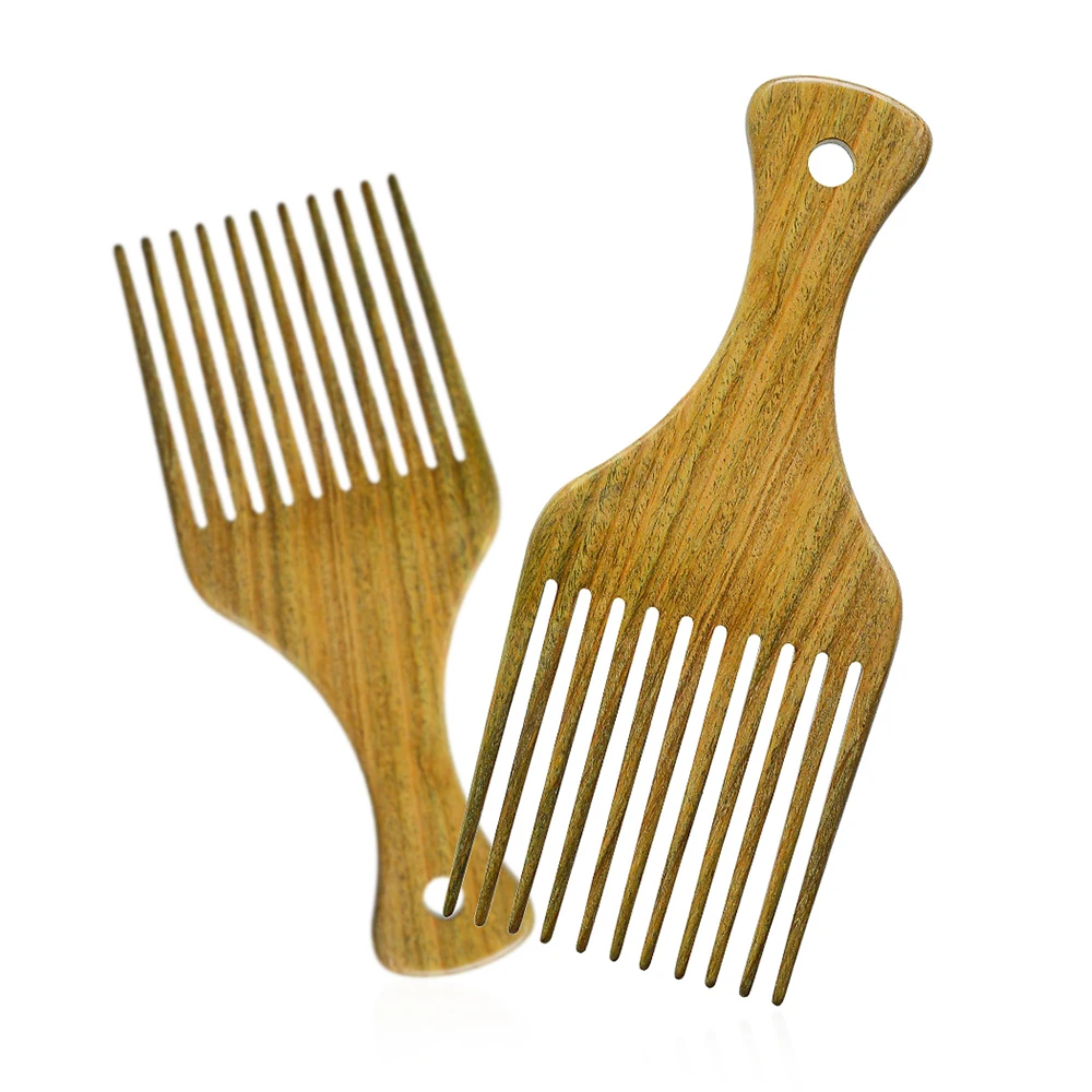 

High Quality Custom Logo Green Sandalwood Afro Pick Comb Wide Tooth Comb Detangle Styling for Hair, Natural