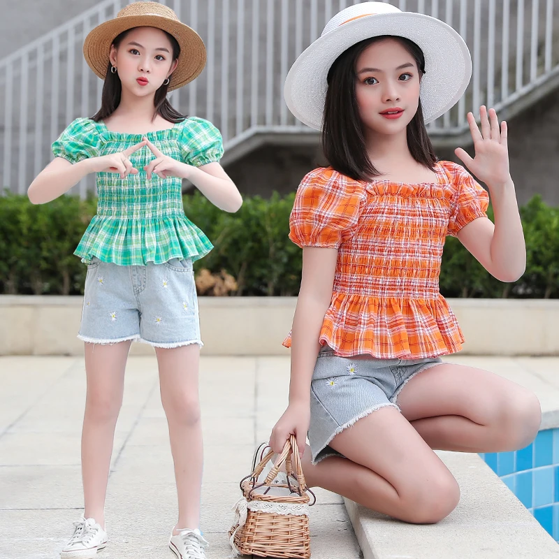 

2021 new girls summer plaid shirt big boy short cow trousers children's shirt two-piece girl solid color suit, Orange, green
