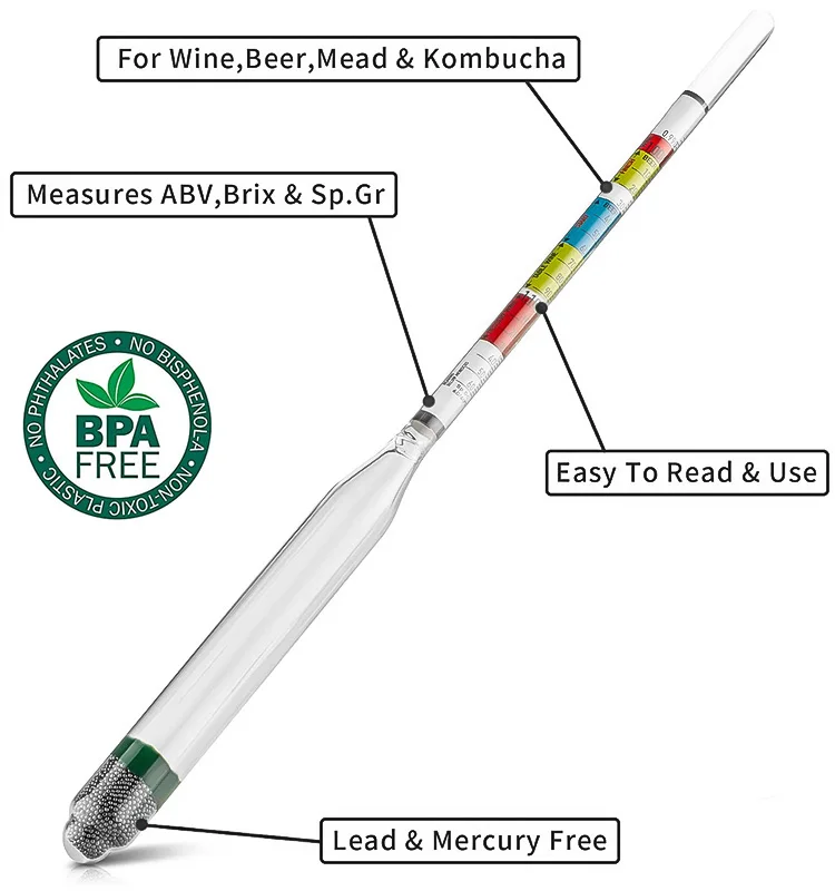 3 in 1 Beer Wine Alcohol Tester Triple Scale Hydrometer with Thermometer Strong Glass Durable