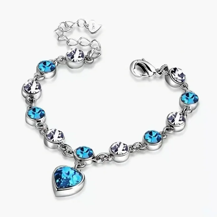 925 Sterling Silver Woman Blue Crystal Heart Shaped Charm Bracelet ...