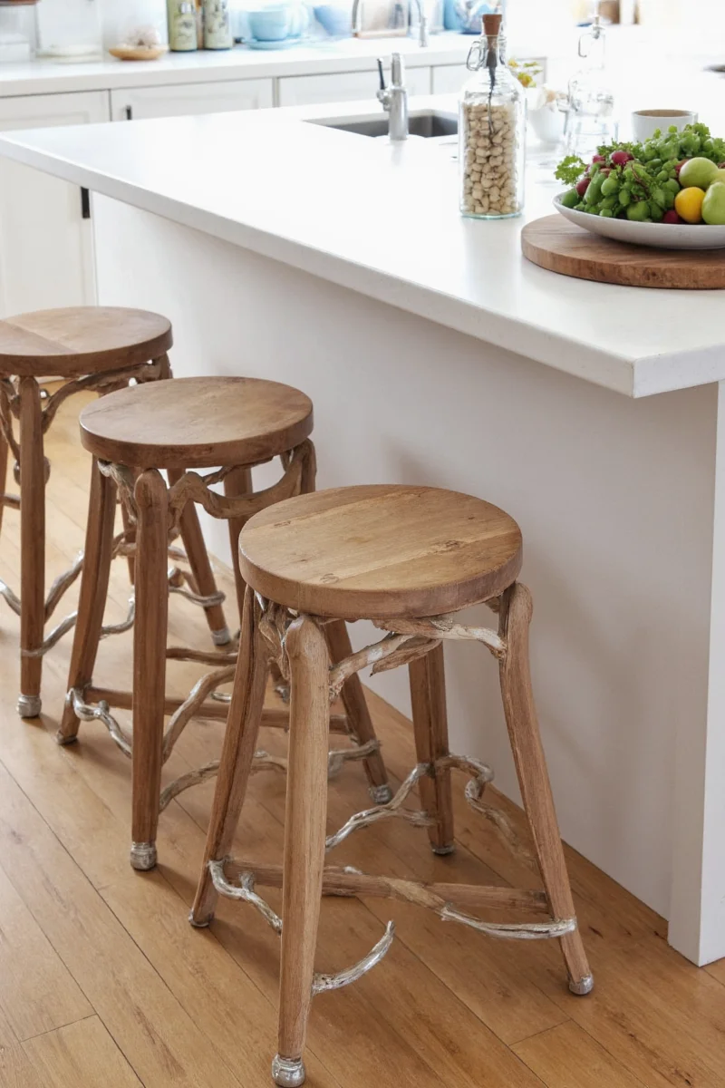 Farmhouse style bar stool with wooden frame and metal legs