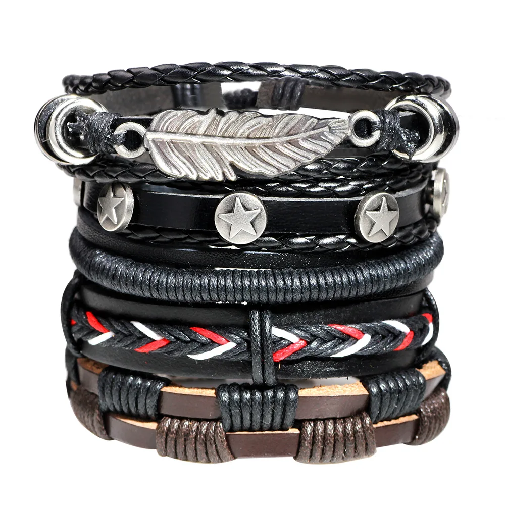 

5pcs set Fashion Men Handmade Braided Star Rope Leather Wrap Bracelet Leaf Feather Multilayer Leather Bracelet, As picture