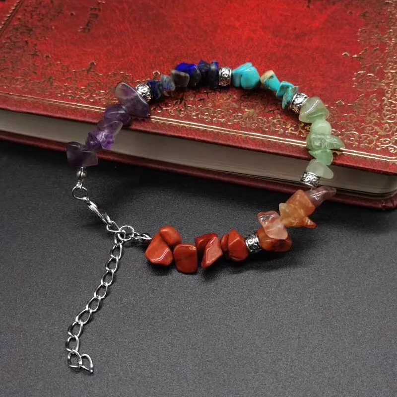 

Adjustable Irregular 7 Chakra Natural Rainbow Crystals Reiki Beads Bracelets Colorful Healing Gravel Stone Bracelet, As picture