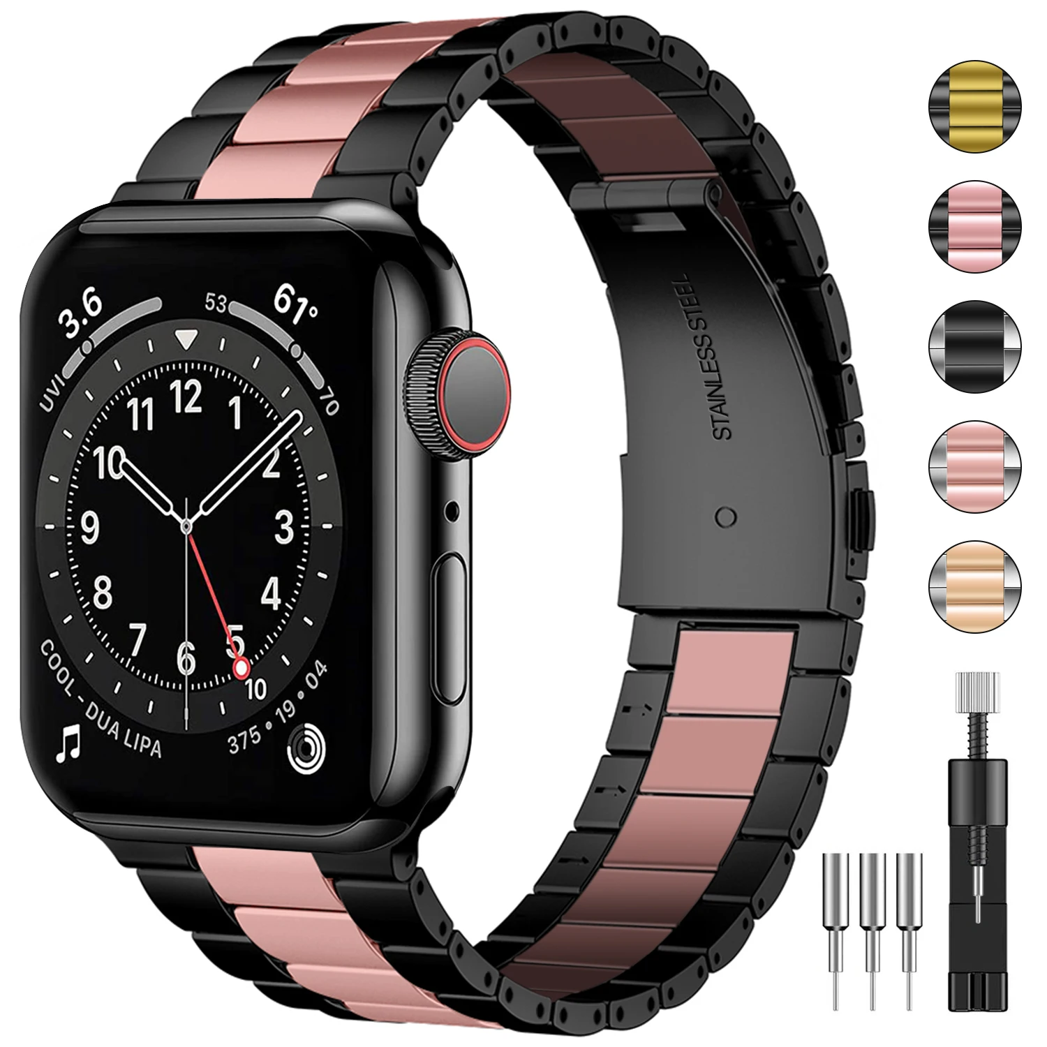 

Keepwin Wide Christmas Watch Polish Stainless Steel band Loop Watch Band golden and black Strap for Apple 7 6 5 4 SE, Silver/pink/gold/black/gun/champagne