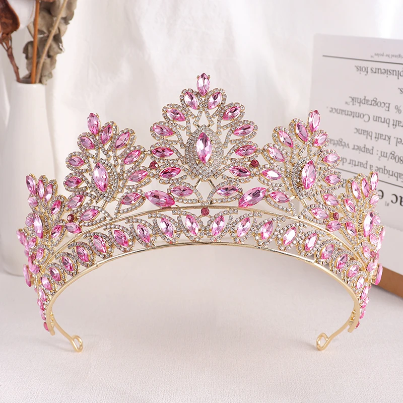 

Europe America Pink Rhinestone Diadems Exquisite Luxury Wedding Crown For Bride Rhinestone Crown For Wedding Hair Accessories