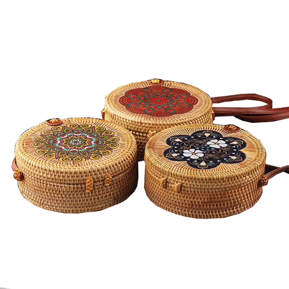 

Handwoven Round Rattan Bag Shoulder Leather Straps Straw Travel Beach Bag, Yellow