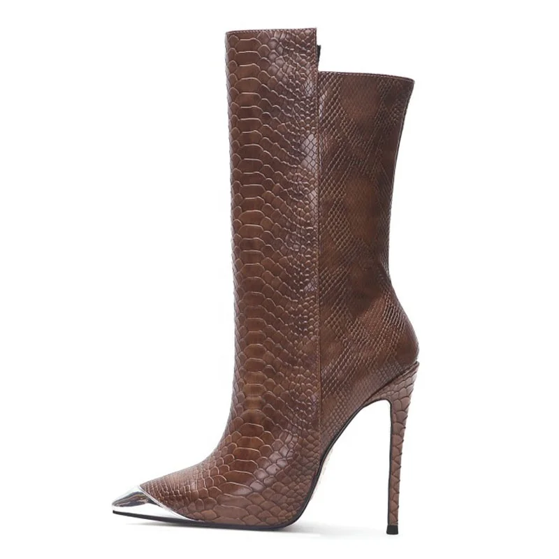
Custom women brown snake leather stiletto high heels pointed boots  (62413829291)
