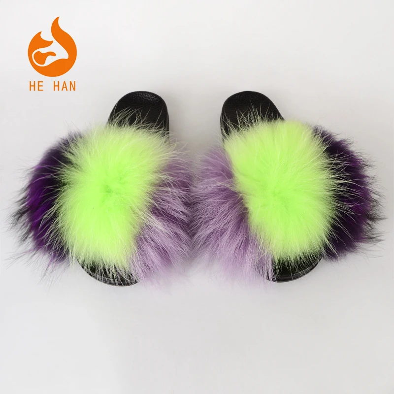 

wholesale real fluffy fur slides mixed color women raccoon fur slippers sandals