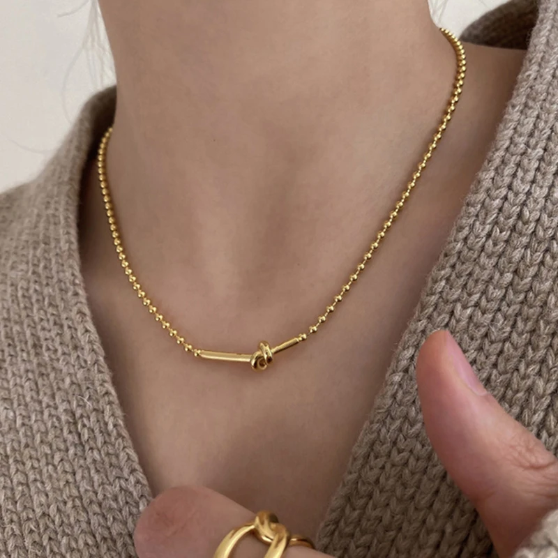 

Small Gold Beads Chain Knotted Necklaces Long Bar Charm Irregular Necklaces for Women Elegant Minimalist Stainless Steel Jewelry