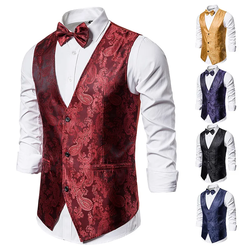 

Mens Classic Paisley Jacquard Vests(Suit Vest+Bow tie)2 Pieces Men Slim Fit Colete Waistcoat Gilet Party Wegle Buttons Waistcoat