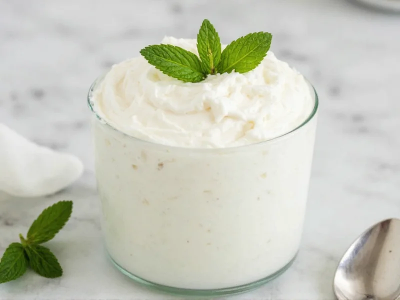 Fresh homemade whipped topping in glass bowl with mint garnish