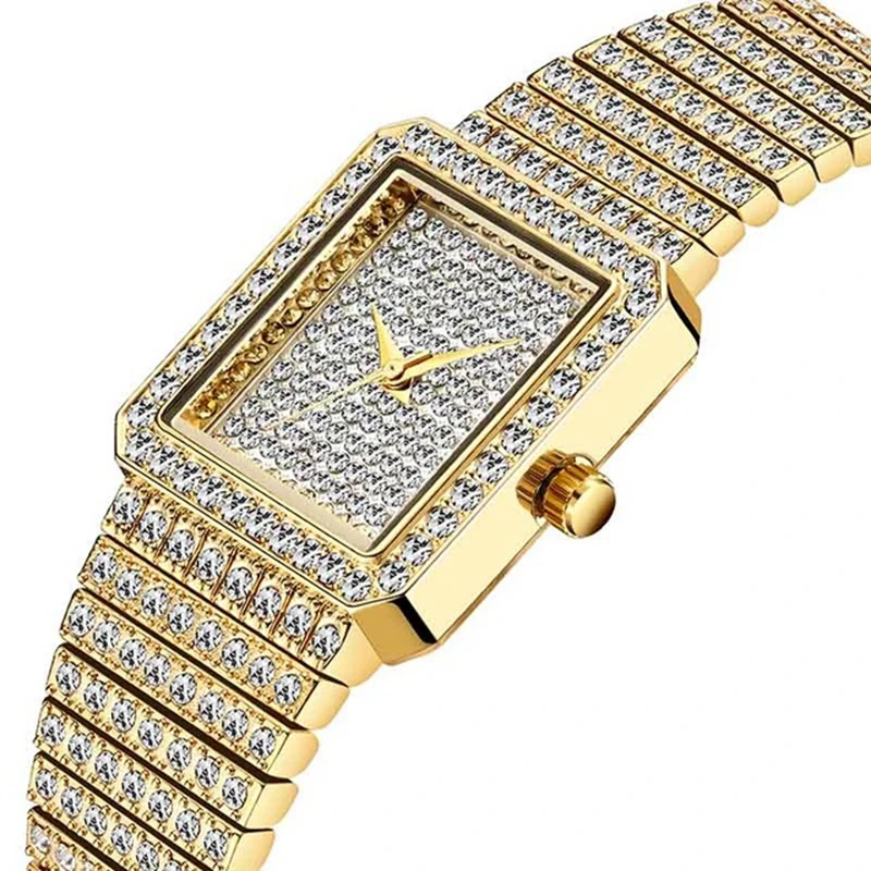 

MISSFOX Diamond Watch For Women Luxury Brand Ladies Gold Square Watch Minimalist Analog Quartz Movt Unique Female Iced Out Watch