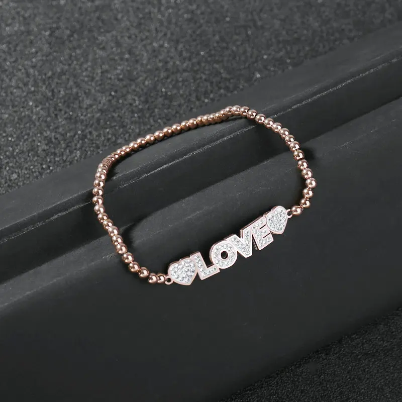 

Newest Arrival 316L Stainless Steel Real Gold Plating Crystal Heart Initial Beads Elastic Bracelet CZ Letter LOVEs Bracelet