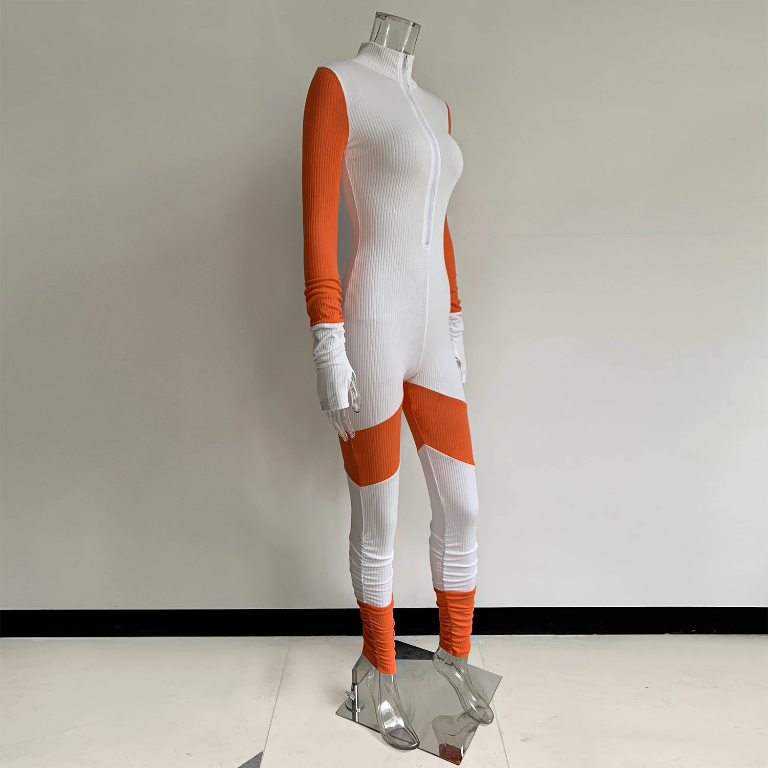 
8358 Hot sales long sleeves women tight zipper casual jumpsuits and rompers cotton Ribbed material classy women jumper 