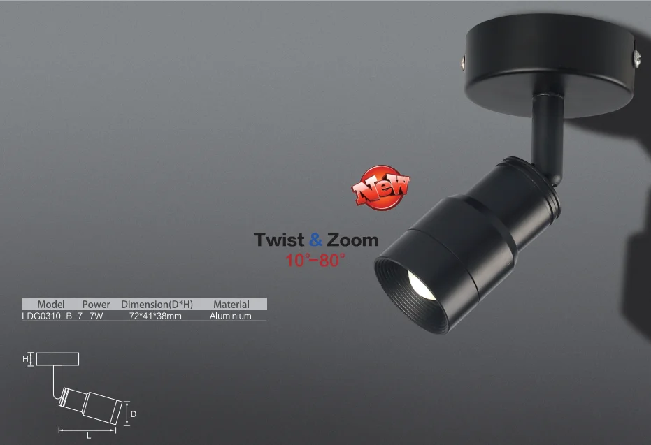 7W twist and zoom 10-80 degree aluminium COB mini track spotlight