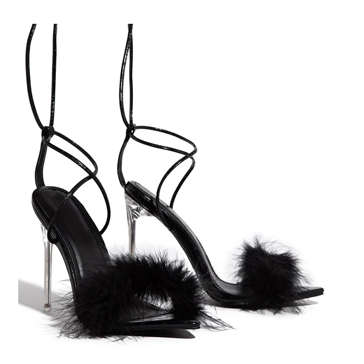 

2020 hot sale women's fashion stiletto high heels pointed toe strappy fur sandals