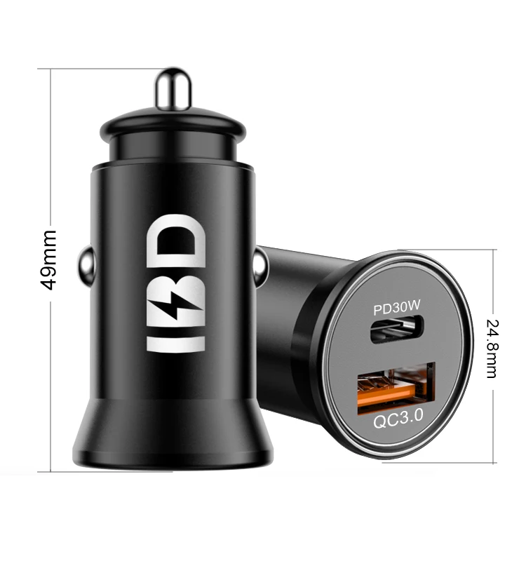 

IBD Built In Blue Light Dual Ports Car Charger Fast Charge PD 30W Metal Shell Car Charger Small Size QC 18W For Macbook