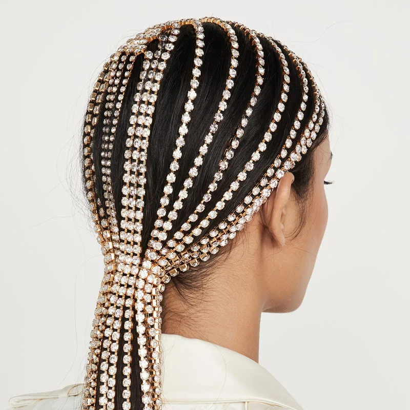 

Dvacaman 2021 Hip-Hop Long Tassel Rhinestone Hair Chain bridal headpiece Women Crystal Headband Chain hair Accessories, As pics