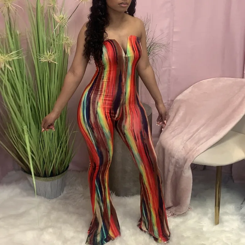 

Rainbow Striped Print Rompers Womens Jumpsuit Off The Shoulder Sleeveless Bell Bottom Overall Summer Beach Wear Flare Bodysuits