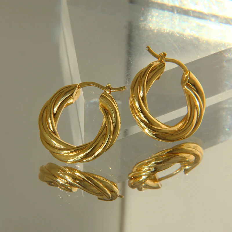 

23mm Solid Chunky Irregular Twisted Earrings Thick Curl Geometric Hoop Earrings for Women Vintage Stainless Steel Jewelry 2021, Gold