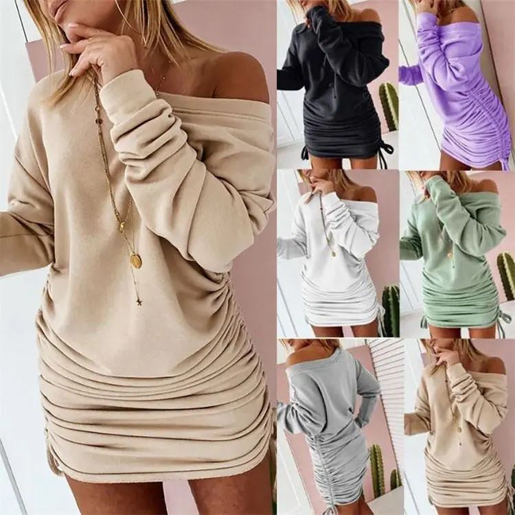 

2021 Wholesales Women Casual Solid Color Sexy hoodie women dress Plus Size Drawstring Pleated Long Sleeve Dress, Customized color