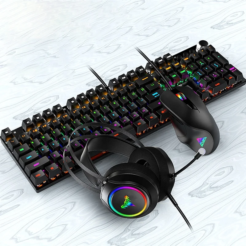 

Qiyu New design 7 RGB 5000DPI audifonos teclado y Mouse 104keys Mechanical Gaming Set Wired Keyboard Mouse Headset